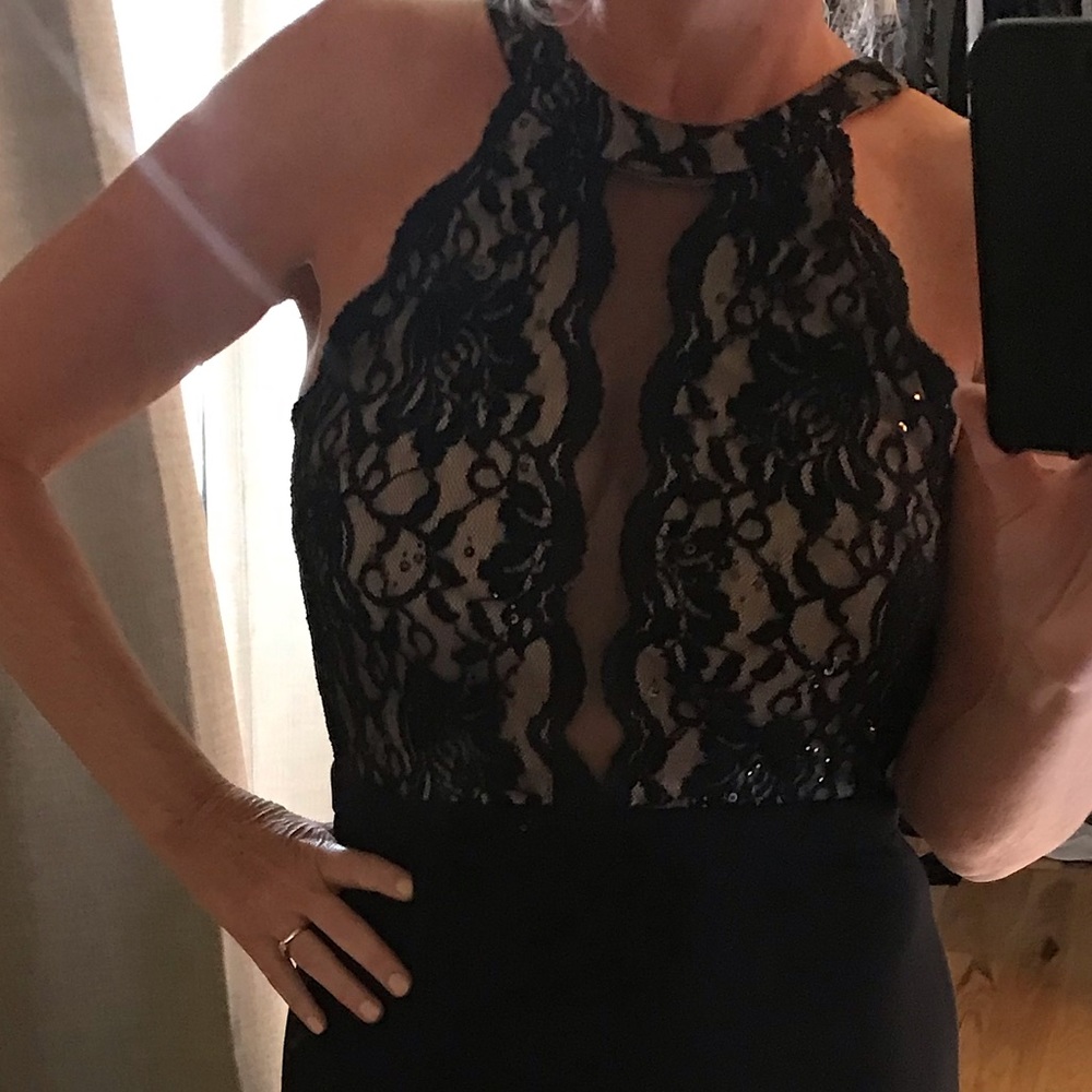 Morgan & Co long, black lace halter gown